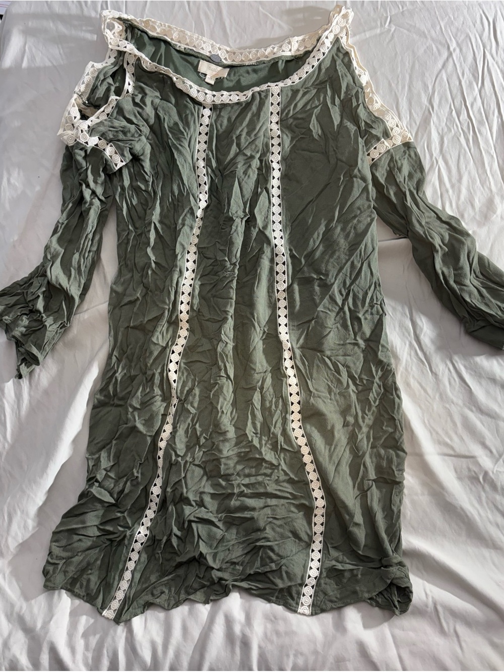 Cupio Olive Green Cold-Shoulder Dress with White Lace Trim